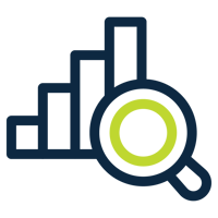 A graph and magnifying glass icon