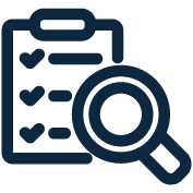 A clipboard and magnifying glass icon